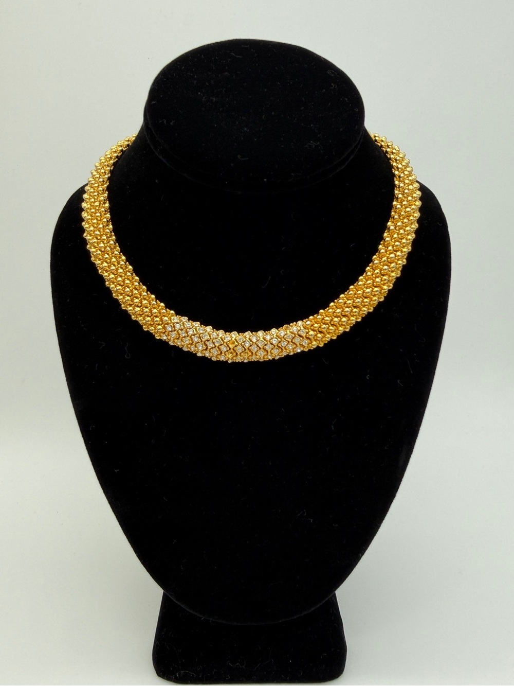 Vintage 1980s Gold Tone Rhinestone Statement Collar Necklace